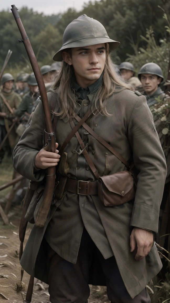 (masterpiece), best quality, expressive eyes, perfect face, All quiet on western Front, man, trenches, dirty, Legolas, elven , uniform, realistic, HD, Rifle, Orlando Bloom, big bag, French army, regiment, France, aiming position, pov, Far view, shot, shooting, fighting, Unova, elf