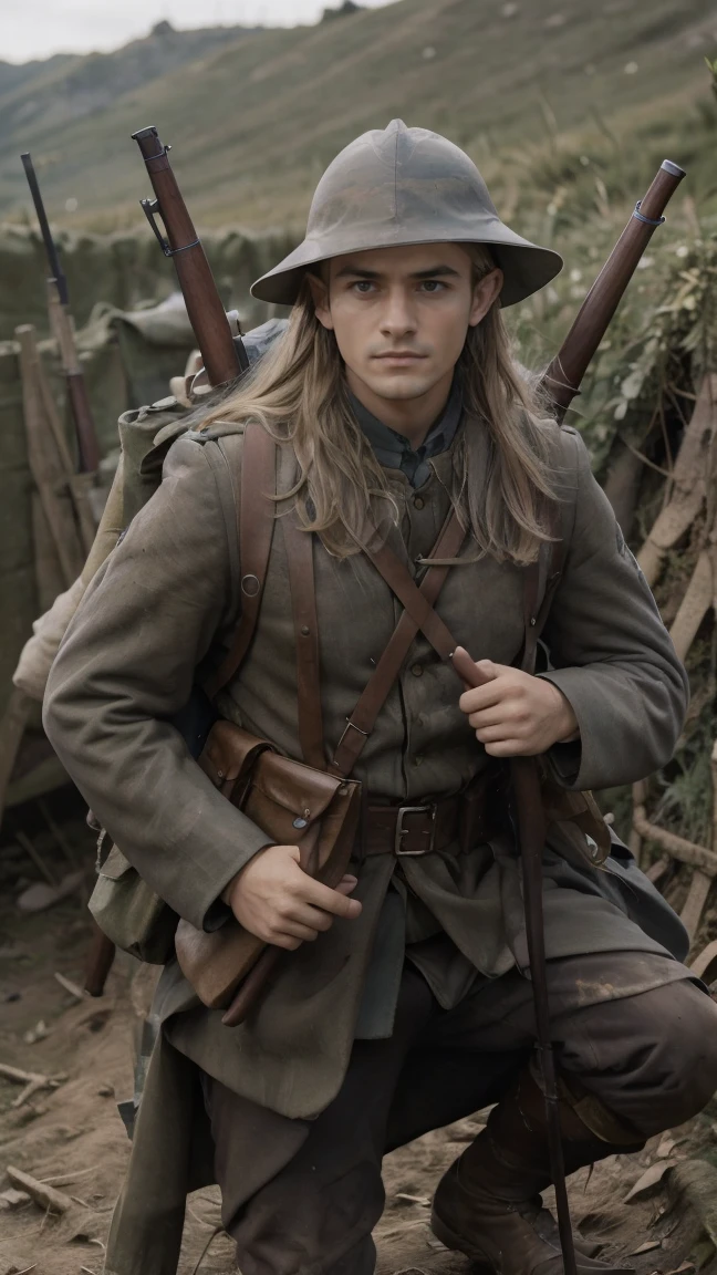 (masterpiece), best quality, expressive eyes, perfect face, All quiet on western Front, man, trenches, dirty, Legolas, elven , uniform, realistic, HD, Rifle, Orlando Bloom, big bag, French army, regiment, France, aiming position, pov, Far view, shot, shooting, fighting, Unova, elf