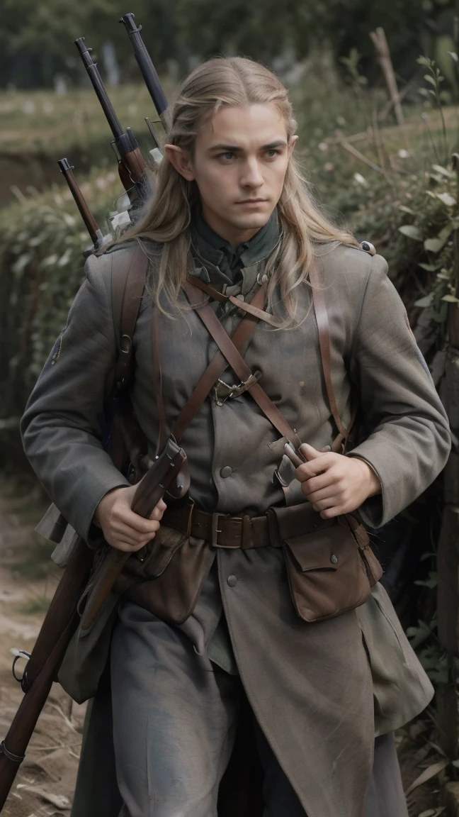 (masterpiece), best quality, expressive eyes, perfect face, All quiet on western Front, man, trenches, dirty, Legolas, elven , uniform, realistic, HD, Rifle, Orlando Bloom, big bag, French army, regiment, France, aiming position, pov, Far view, shot, shooting, fighting, Unova, elf