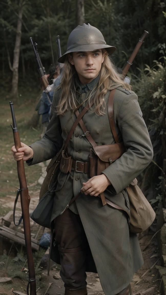 (masterpiece), best quality, expressive eyes, perfect face, All quiet on western Front, man, trenches, dirty, Legolas, elven , uniform, realistic, HD, Rifle, Orlando Bloom, big bag, French army, regiment, France, aiming position, pov, Far view, shot, shooting, fighting, Unova, elf