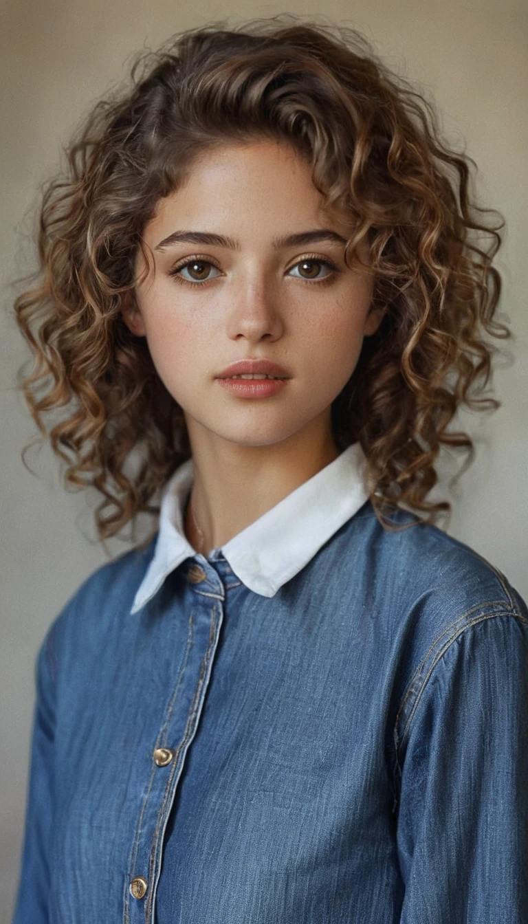 1 girl, Beautifull, by rubio, brown eyes, blurred, blurred background, old, Brown eyes, Brown hair, Curly hair, denim, dress, parts, on one side, jewelry, lips, wide, looking at the viewer, collar, open clothing, realist, shirt, Alone, Upper part of the body, wavy fur, white dress, Masterpiece, Best Quality, unreal_motor 32k