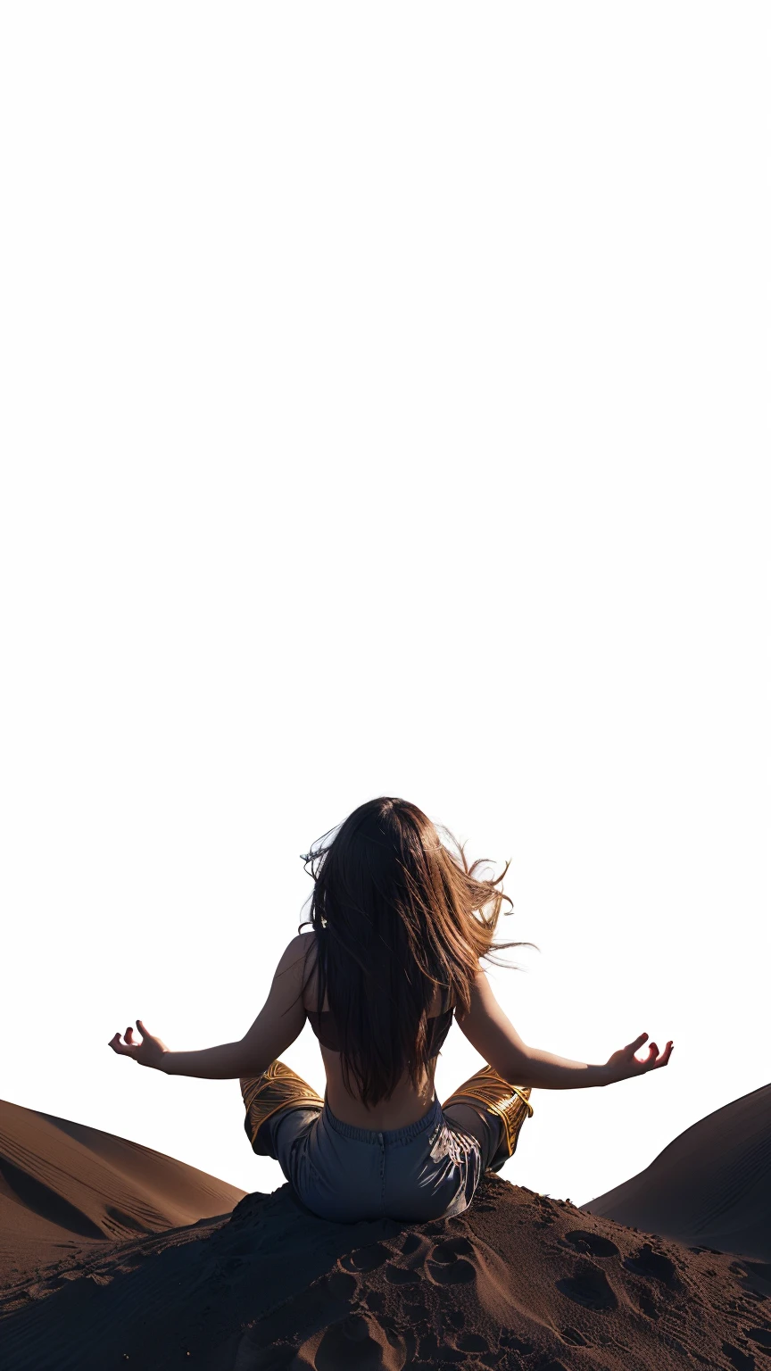 there is a woman sitting on a sand dune with her arms outstretched, sza, made with photoshop, top down shot, centered in image, in the center of the image, inspiration, rituals, top down angle, sienna, middle shot, dynamic scene, art nouveau octane render, top down view, inspired by Anna Füssli, trending on pixart