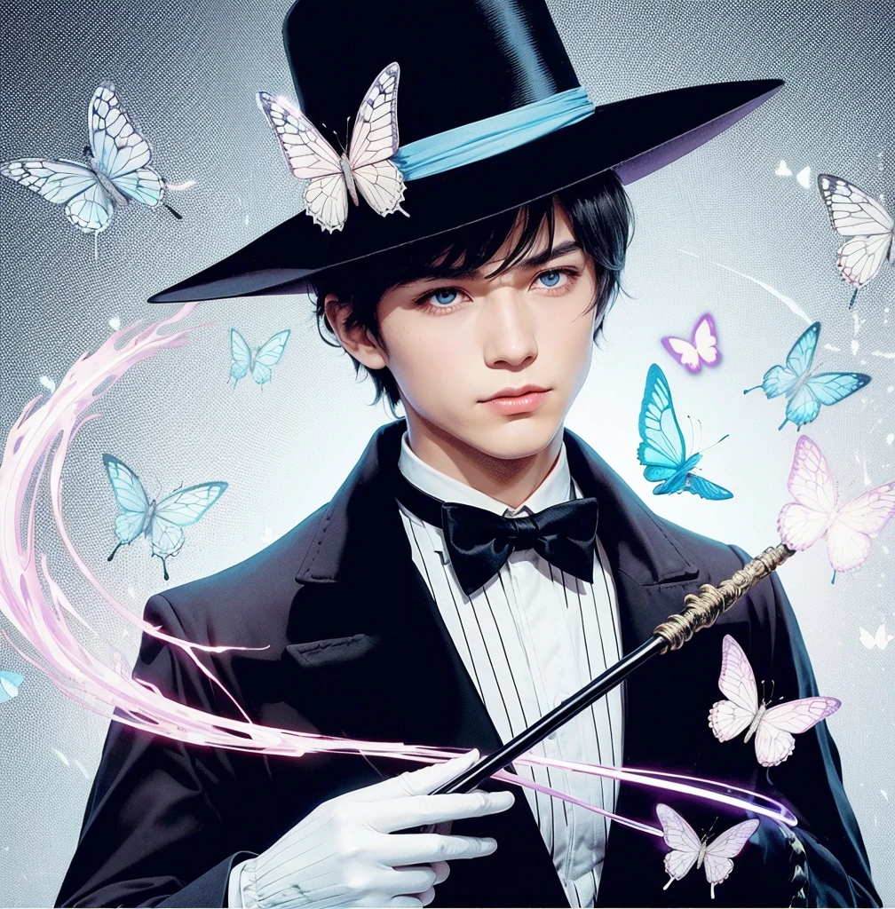 American classic comic book art: Handsome ethereal young man delicate, black straight hair bangs, black wizard hat with a butterfly, navy black magician outfit Zatanna, fishnet stockings, holding an elegant cane, white gloves, emanating light pink and blue yellow energy colorful, white eyes, sorcerer, very young face boy Asian, light pink butterflies, Magic of Imagination, casting spell magic ball energy, mini delicate magician mini cape, medieval castle, classic comic book