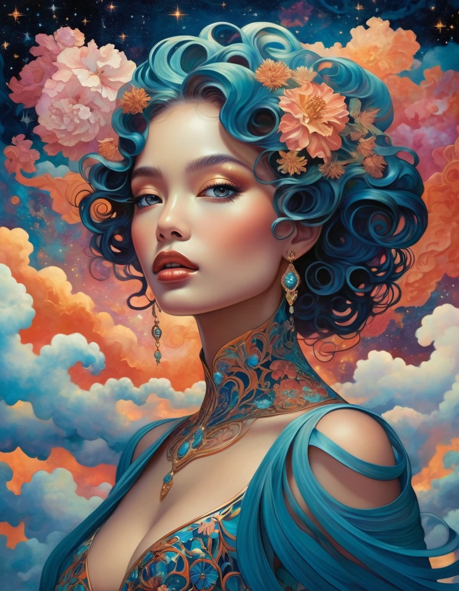 A seductive woman with otherworldly features, set against a backdrop of swirling cosmic clouds. Inspired by Art Nouveau, its shape is adorned with intricate floral motifs, while its eyes present a touch of danger and allure.