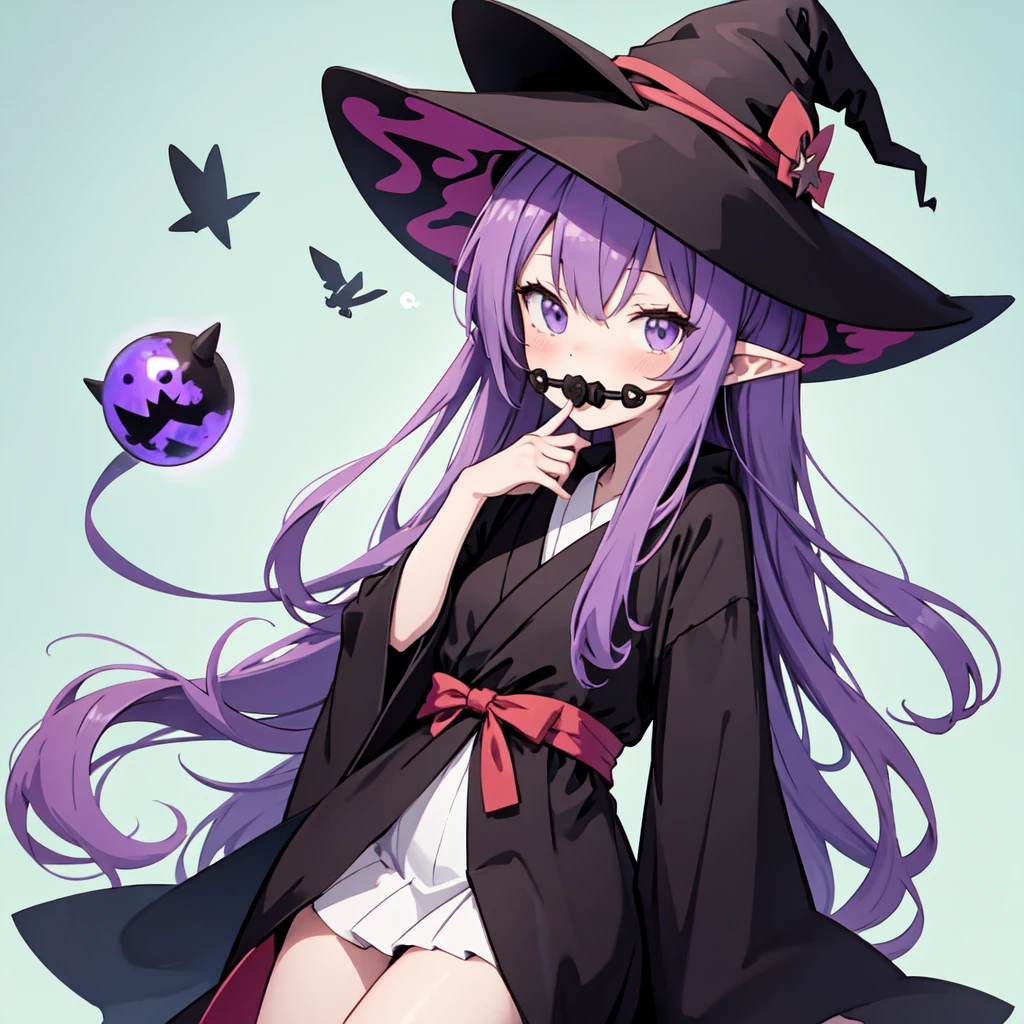Anime girl. Long purple hair and wearing a black robe. Pointy ears. Witch hat. Cute cartoon. Illustration, deformation, gag