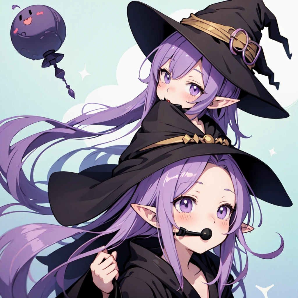 Anime girl. Long purple hair and wearing a black robe. Pointy ears. Witch hat. Cute cartoon. Illustration, deformation, gag