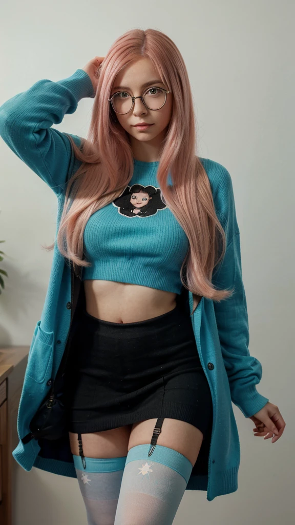 a young woman with long pink hair wearing myopia glasses. She is wearing a light blue sweater, a green skirt and black stockings. He's clutching a pair of blue headphones, with a thoughtful and slightly worried expression. The young woman stands with her body slightly leaning forward, looking down, with the left hand holding the headphones and the right hand slightly pointing towards them. His pose denotes a state of reflection and perhaps a slight uncertainty..