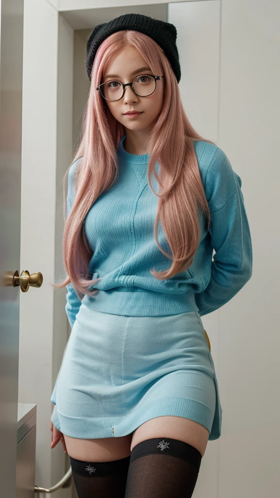  a young woman with long pink hair wearing myopia glasses. She is wearing a light blue sweater, a green skirt and black stockings. He&#39;s clutching a pair of blue headphones, with a thoughtful and slightly worried expression. The young woman stands with her body slightly leaning forward, looking down, with the left hand holding the headphones and the right hand slightly pointing towards them. His pose denotes a state of reflection and perhaps a slight uncertainty.. 
