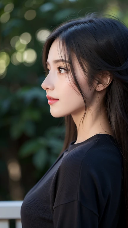 (8K),(RAW Photos),(Highest quality),(masterpiece:1.2),Sharp focus,natural shading,hyper realistic,(Small breasts),Realistic Face,超Realistic Face,Beautiful face,detailed,超detailed,slim,(Black hair straight:1.3),Double eyelids,非常にdetailedな顔,smile,VNeck sweater,Depth of field,Shiny Hair,leaning forward,(Dark Background),hand on own cheek,natural shading,volumetric lighting,valley,Realistic Skin,(profile:1.5)