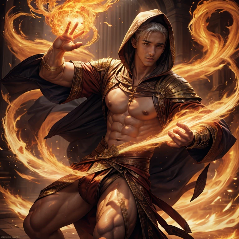 realist, Masterpiece, intricate details, detailed background, depth of field, muscular, Photo of a handsome Korean magician, (Young Korean man who looks like a K-pop idol), 25 years, (short white hair), voluptuous crotch, fire spell, Magician, He wears a long cape with a hood, Sexy muscular, wearing thong, Chest focus, incendiary, White skin, pale,