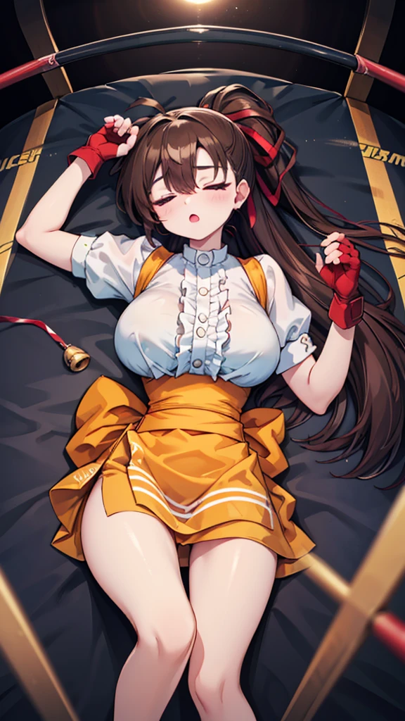Highest quality,masterpiece,Lying down,sleep,(レスリングのリングにLying down, WWE Divas,Wrestling Arena,Wrestling ring background, Boxing ring background), 仰向けにsleep, Lack of stamina, Ryona, Hitting a girl, death is near,タケユカ 超ロングヘア ヘアribbon, Frilled shirt, Underbust, ribbon, Fingerless gloves, White gloves, Waist apron, Orange Skirt, socks, Toeless legwear,winner, Nice, winner, (Moaning , Open your mouth), ((, 仰向けにsleep, 地面にsleep, lose consciousness, Unconscious, )), , ( Tilt your head),