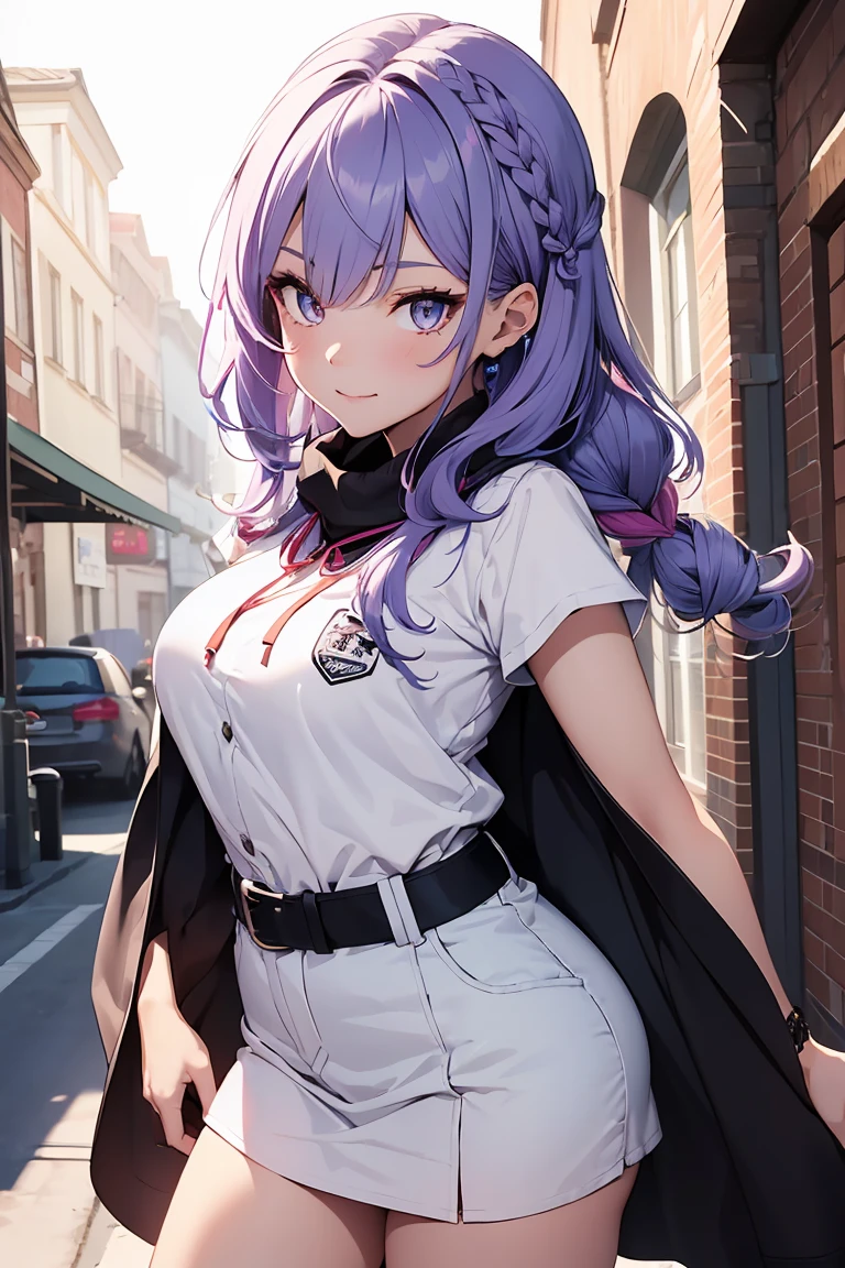 ((1 girl)), latest clothing trends, fashion in neon colors, school clothes, , cape, cowboy shot,((super verbose,highest quallity, high resolution, 8 k wallpaper, Cute uniform,)),((light purple hair, short-cut,Braided hair,)) (pink eyes), (teeths), smilling face, ombre, eyeliner,glowing eye, highly-detailed eyes, clean eyes, gorgeous eyes,  17 years old.
