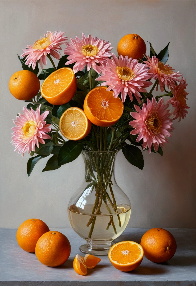 There is a vase of flowers and oranges on the table, Pastel paintings inspired by François Bocquet, Unsplash, Baroque, Great composition, Rose, Paper Chrysanthemum, Floating Bouquet, Magic Flower, Realistic Flower Oil Painting, Soft and complex, Great composition, Platonic ideals of flowers, Beautiful composition, still life photography, Pink and yellow flowers