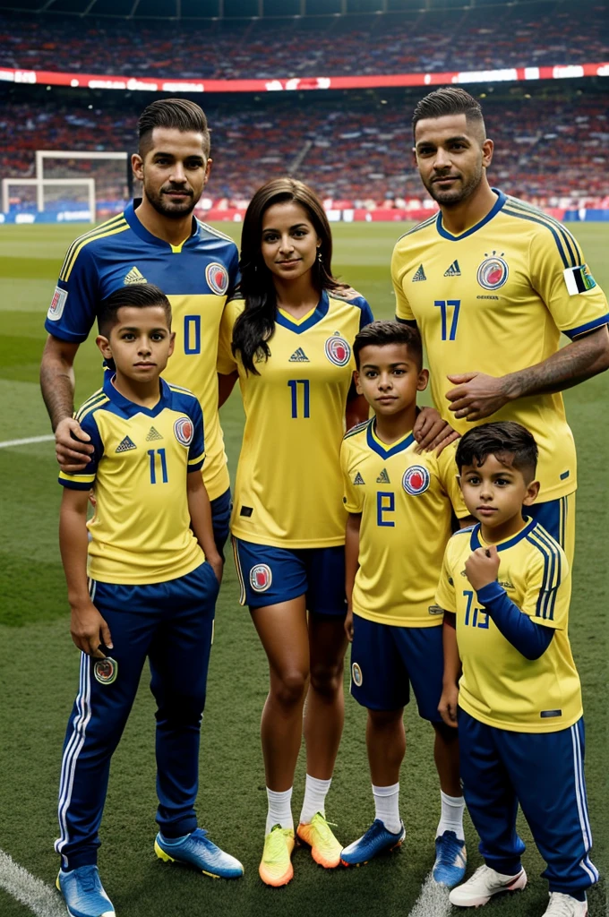 Young curly woman wearing a yellow Colombia national team shirt with the name Lina,short-haired man with a Colombia national team shirt with the name Kevin on his back and a 1-year-old girl with a Colombia national team shirt with the name Guadalupe in front of the large TV