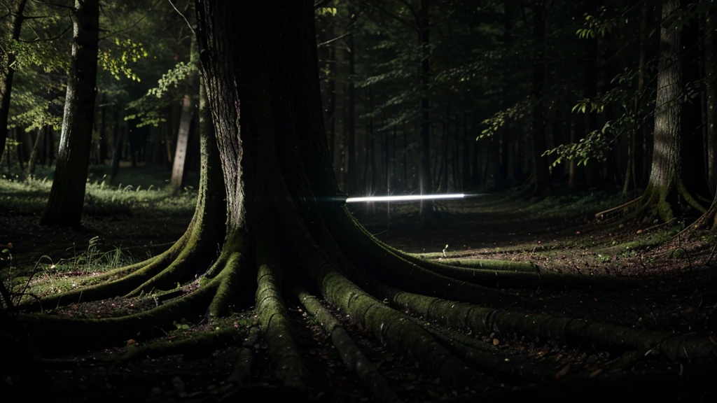 A close-up of a flashlight beam cutting through the darkness of the forest, revealing twisted tree trunks and undergrowth.