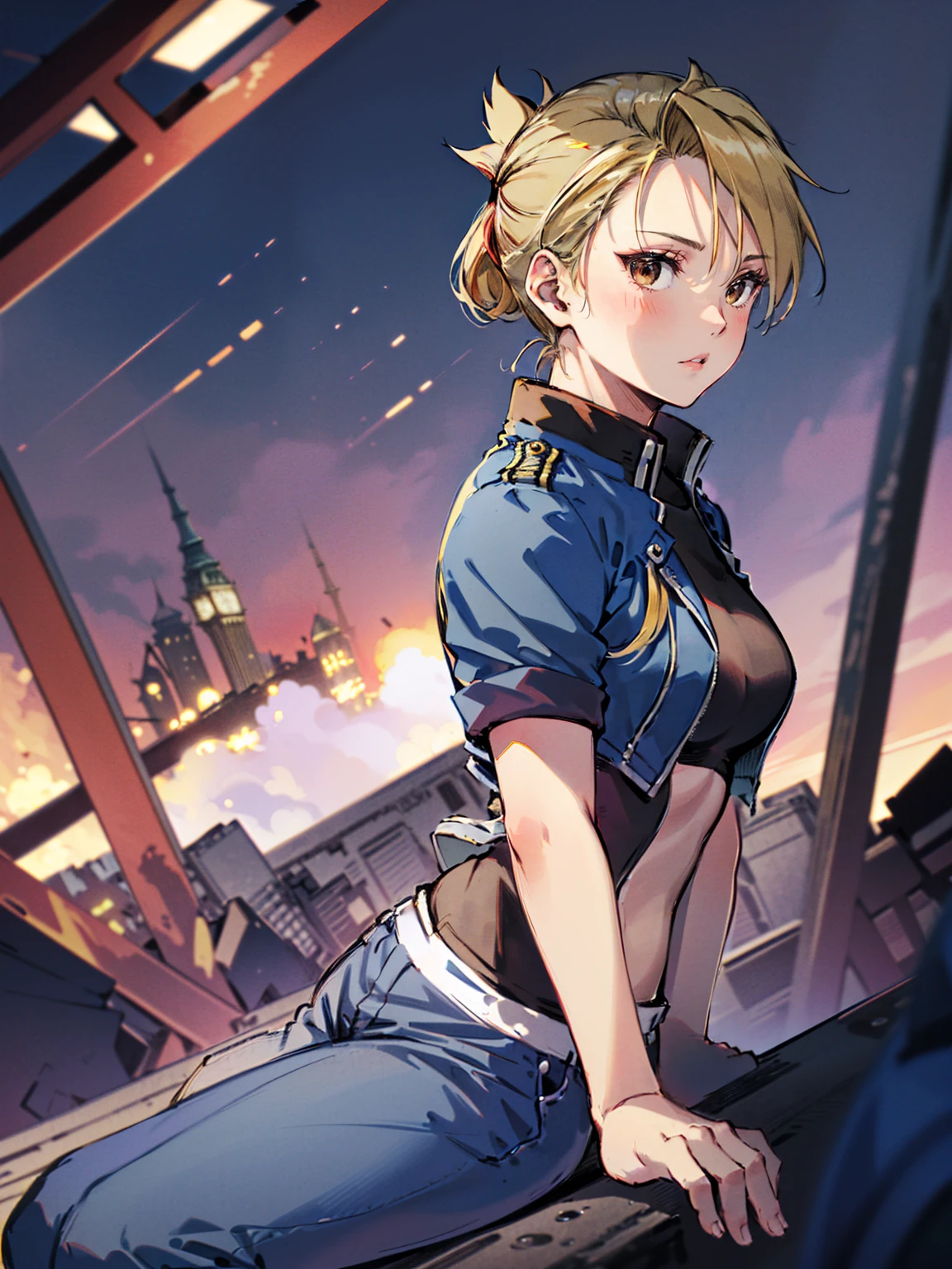 masterpiece, Highest quality, High resolution, One girl, (Blue jacketの下にBlack innerwearを着ている), Folded ponytail, Brown eyes, , (uniform, Blue jacket, Blue pants), ,Big Breasts, Black innerwear, (

