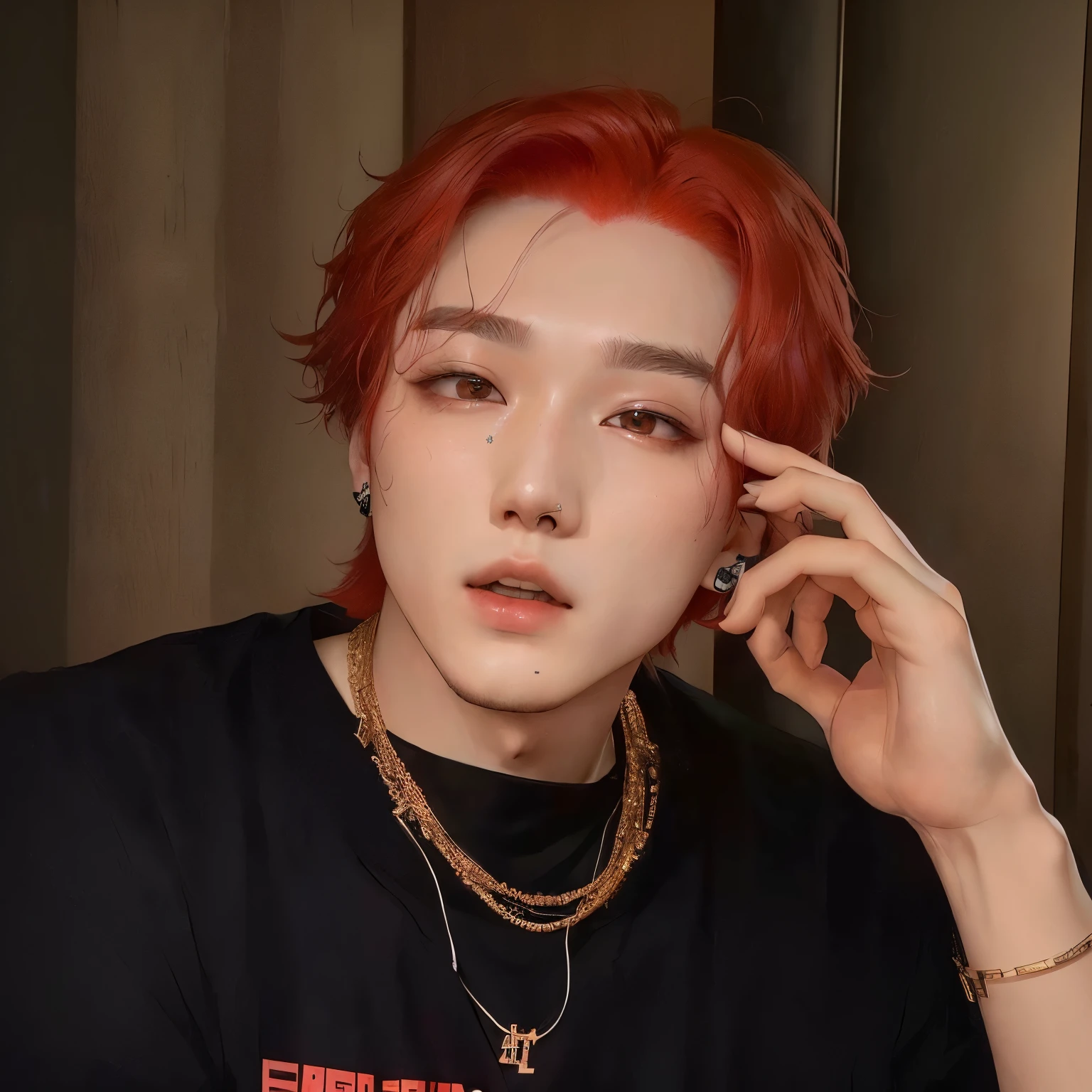 there is a red-haired man talking on his cell phone, cai xukun, Hong Jun Hyung, hyung tae, Jimin\the right eyelid is swollen, Min Yoongi, Tae June Kim, all from the group nct, Jimin, Yoongi with black hair, jung jaehyun, Jimin\the full lips, adorable and pale korean face, yanjun chengt