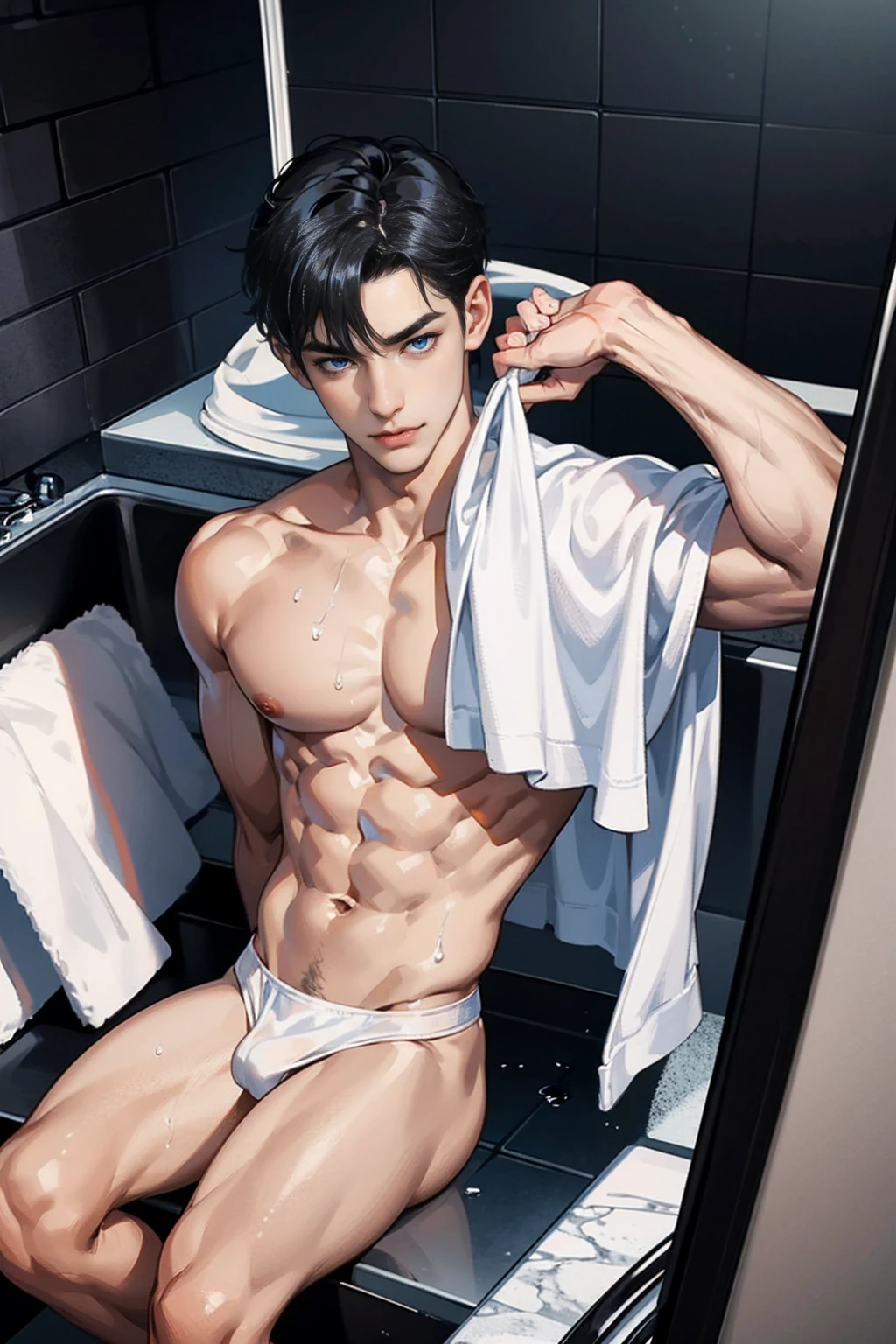 black hair boy, blue eyes, serious and seductive look, muscular, shirtless, using wet white towel, with an erection below, sitting in his bathroom 