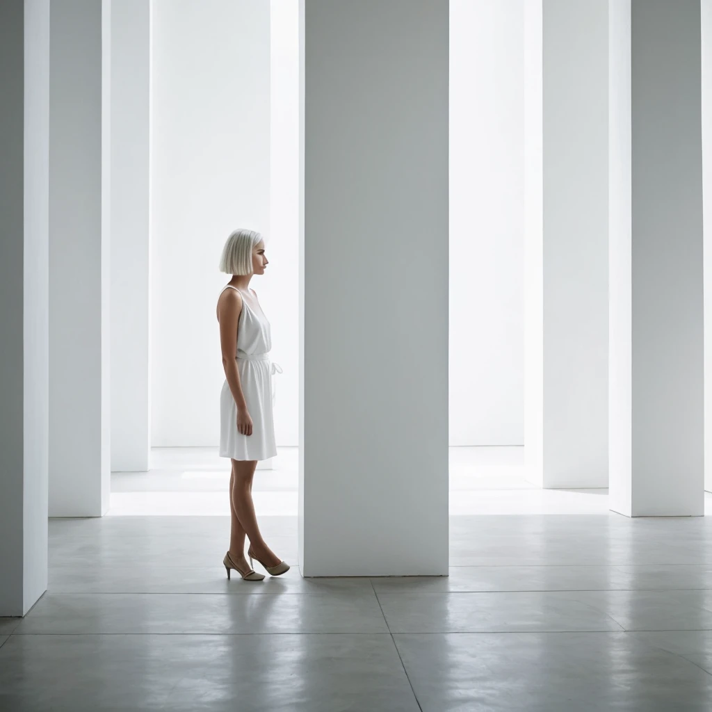 short white hair women the background of a minimalist beautiful white architecture