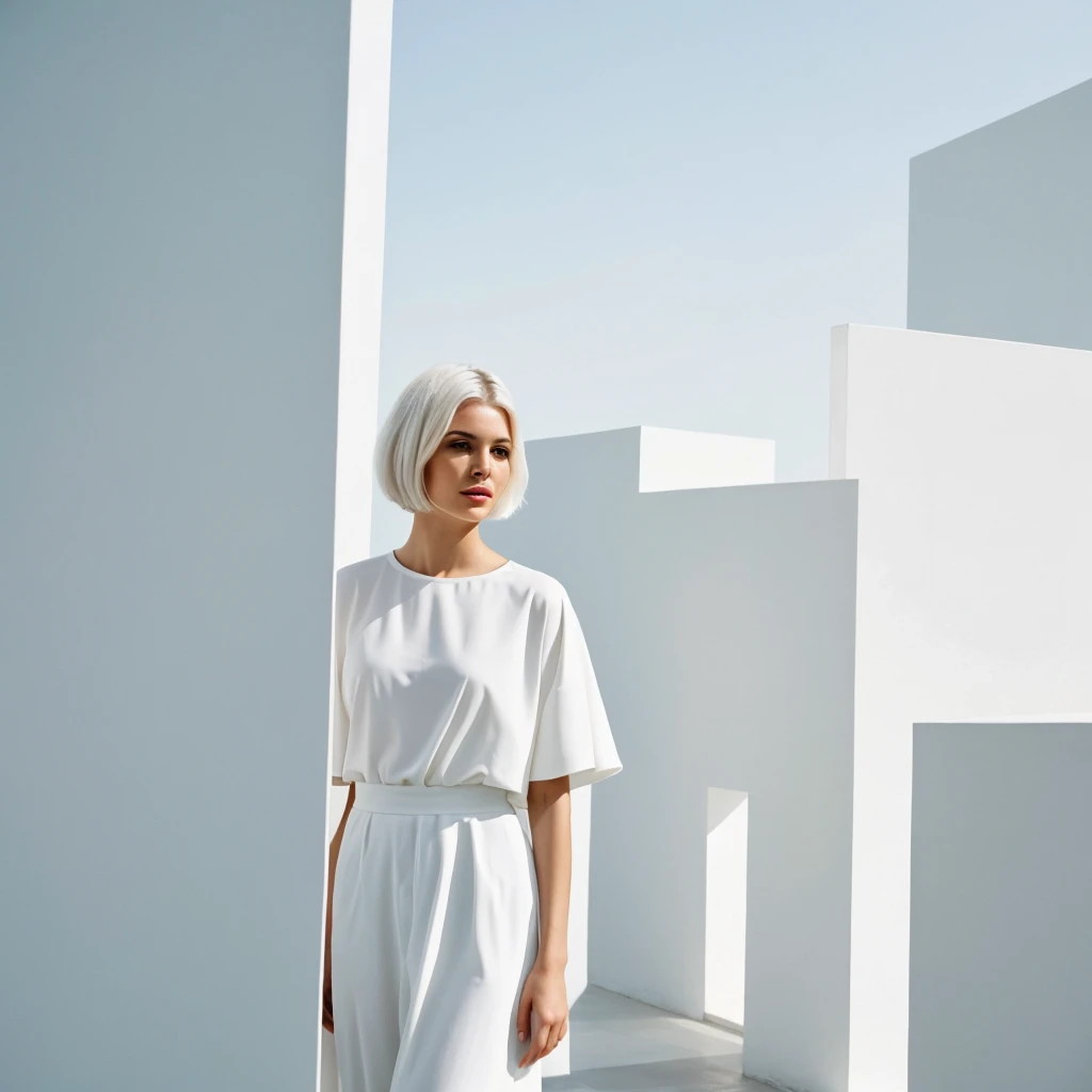 short white hair women the background of a minimalist beautiful white architecture