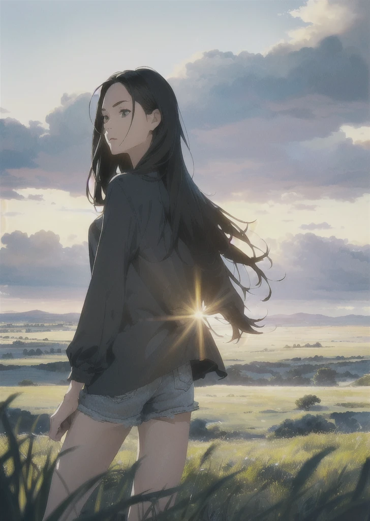 (Vast sky, beautiful skyline, large grassland: 1.2+ intense and dramatic graphics, moving visuals: 1.3+ hanging North Star, colorful natural light: 1.3), (long-sleeved top, (1girl), denim shorts, backpack: 0.8), (back, dynamic), (detailed character modeling: 1.2, natural skin tone, delicate texture), (beautiful girl, dynamic posture, confident posture: 0.2+ long hair flowing (black hair: 0.9+ blonde hair: 1.2), with femininity and temperament: 1.3+ beautiful face, witty and cute expressions and eyes), (large grassland in the background) + (rendering of natural light, light and shadow: 1.3), (shooting angle, long lens, light illumination