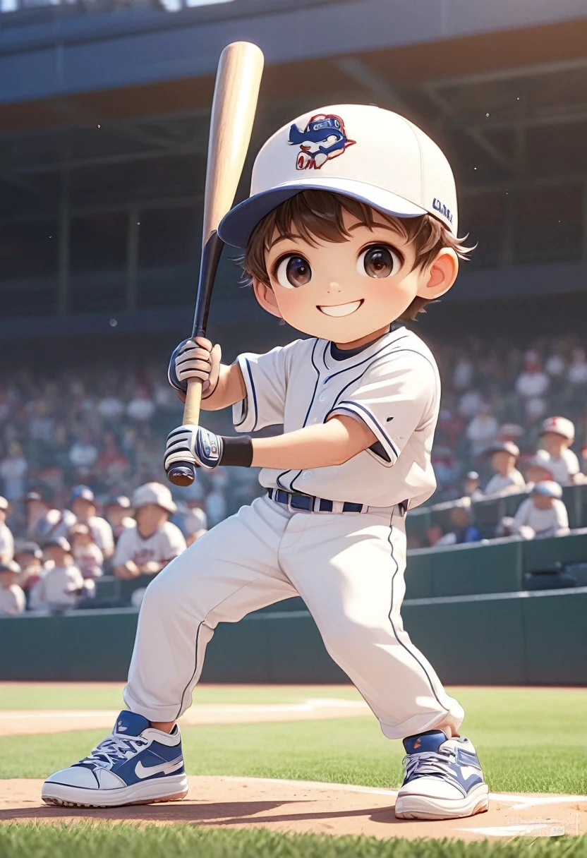 Very cute boy baseball player holding bat in hand baseball player white hat jersey sneakers very cute smiling looking at the audience
( perfect anatomy ) Beautiful and extremely fine texture,detailed, bright, Animation style high definition and high quality presentation