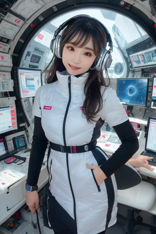 masterpiece, Highest quality, Very detailed, 8K Portrait,Japanese Android Girl,plump , Control panel,Robotic arms and legs, Blunt bangs,,break (Metallic Gray, Metallic luster, Mirror finish, Astro Best):5,headphone:5,break (Black sleeves):100,Smart Watches,Futuristic space station,Control Room,break headphone,blue eyes,(Black Hair):2,(Long Hair):1.3,Viewer Display,(respirator),break blush:3,Hidden Hand,smile