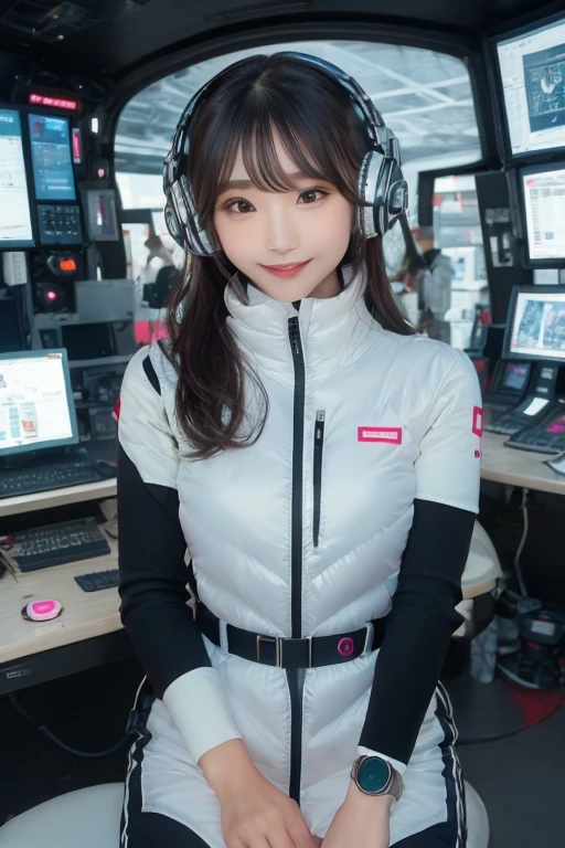 masterpiece, Highest quality, Very detailed, 8K Portrait,Japanese Android Girl,plump , Control panel,Robotic arms and legs, Blunt bangs,,break (Metallic Gray, Metallic luster, Mirror finish, Astro Best):5,headphone:5,break (Black sleeves):100,Smart Watches,Futuristic space station,Control Room,break headphone,blue eyes,(Black Hair):2,(Long Hair):1.3,Viewer Display,(respirator),break blush:3,Hidden Hand,smile