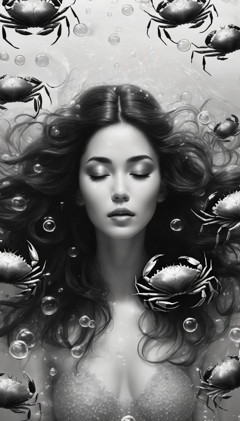 Black and white art of a woman, close sed eyes, floating hair, show abdomen, crabs and bubbles background, This image impresses with its delicacy, tenderness and beauty. By paolasalome.,., conceptual artLess, conceptual art
