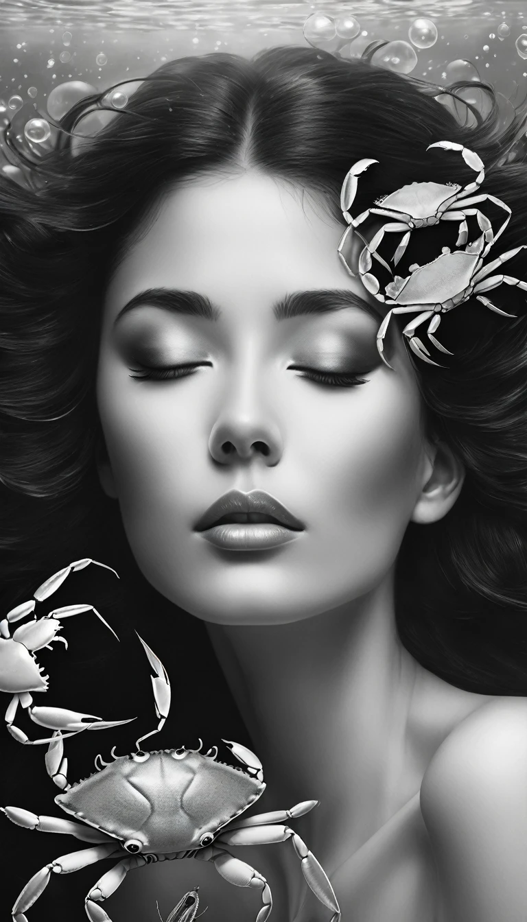 Black and white art of a woman, close sed eyes, floating hair, show abdomen, crabs and bubbles background, This image impresses with its delicacy, tenderness and beauty. By paolasalome.,., conceptual artLess, conceptual art