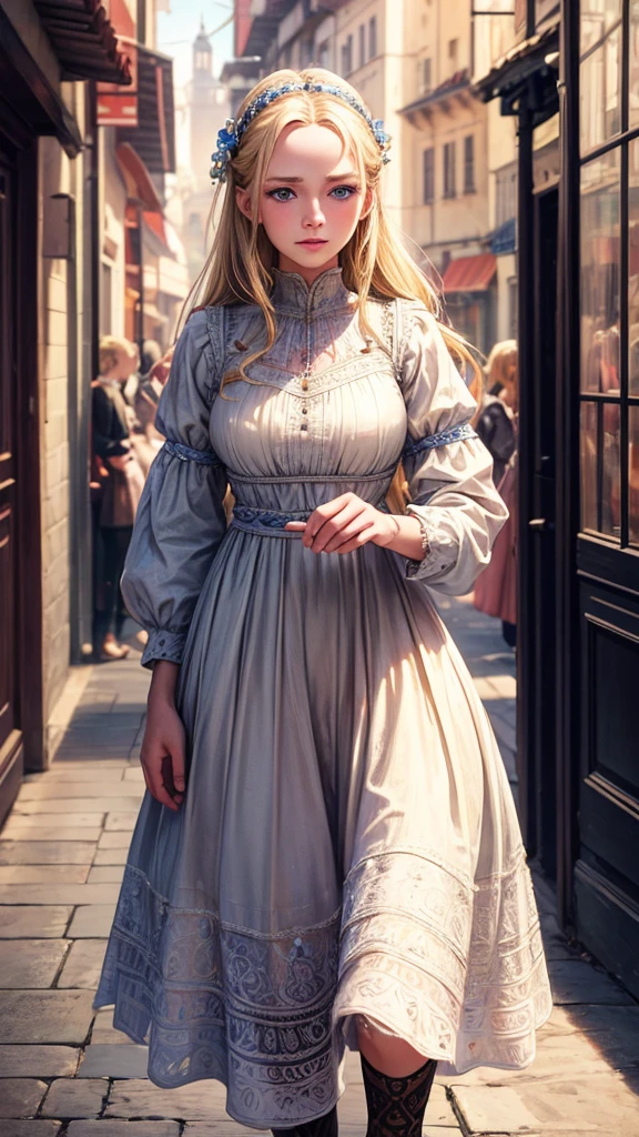 best quality, masterpiece, realistic photo, intricate details, raw photo, ultra detailed, old fashioned young woman, with peasant style dress, no necklines, blonde hair, perfect detailed and blue eyes, walking in an old city, HD quality, 8K, young woman, 20 years old