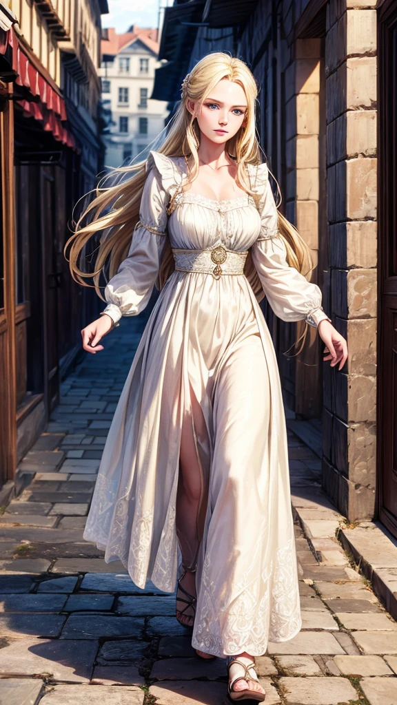 best quality, masterpiece, realistic photo, intricate details, raw photo, ultra detailed, old fashioned young woman, with peasant style dress, no necklines, blonde hair, perfect detailed and blue eyes, walking in an old city, HD quality, 8K, young woman, 20 years old