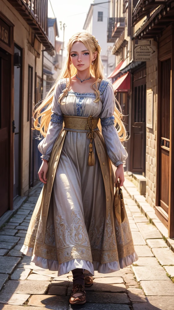 best quality, masterpiece, realistic photo, intricate details, raw photo, ultra detailed, old fashioned young woman, with peasant style dress, no necklines, blonde hair, perfect detailed and blue eyes, walking in an old city, HD quality, 8K, young woman, 20 years old