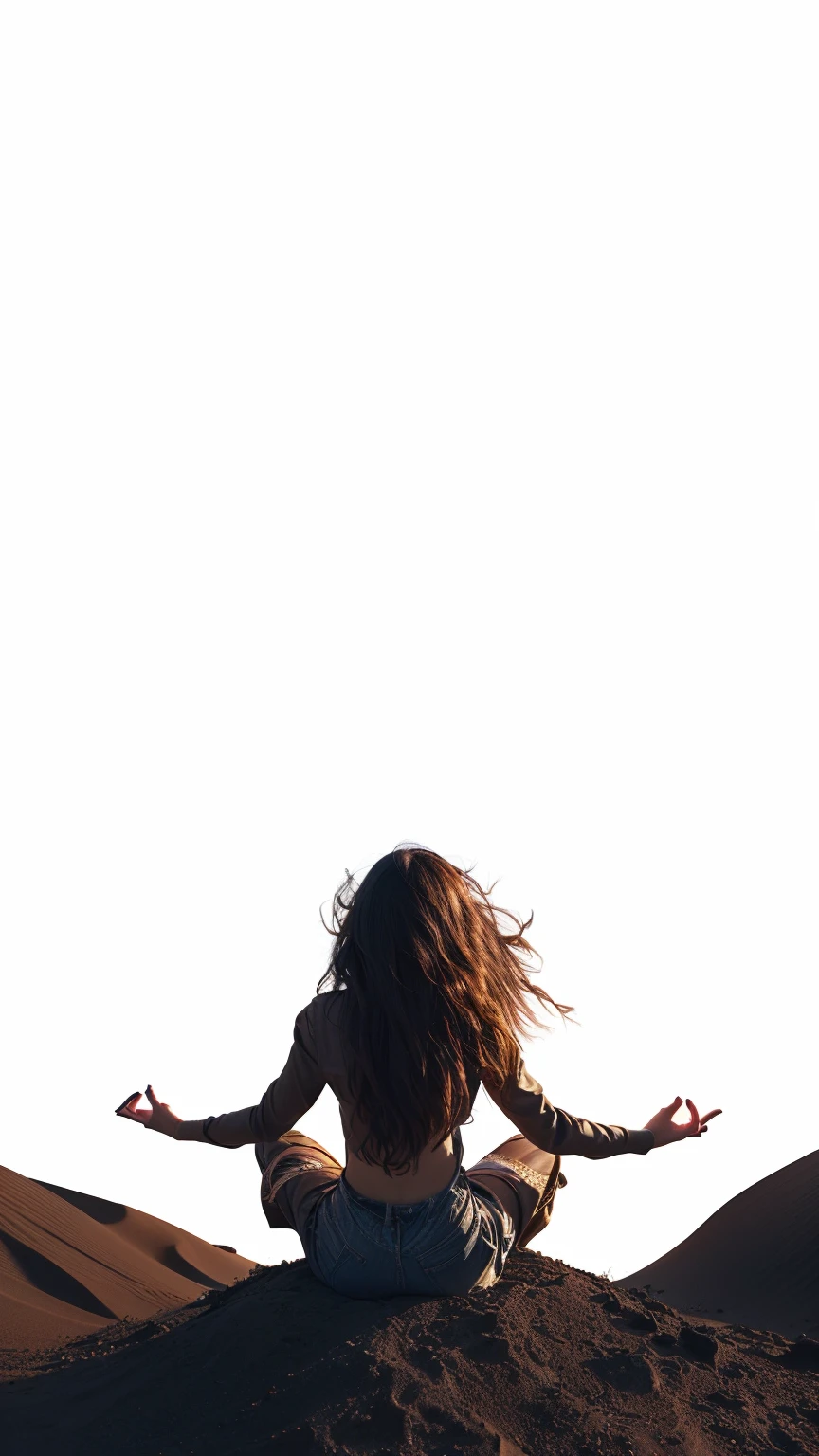 there is a man sitting on a sand dune with her arms outstretched, sza, made with photoshop, top down shot, centered in image, in the center of the image, inspiration, rituals, top down angle, sienna, middle shot, dynamic scene, art nouveau octane render, top down view, inspired by Anna Füssli, trending on pixart, curly hair