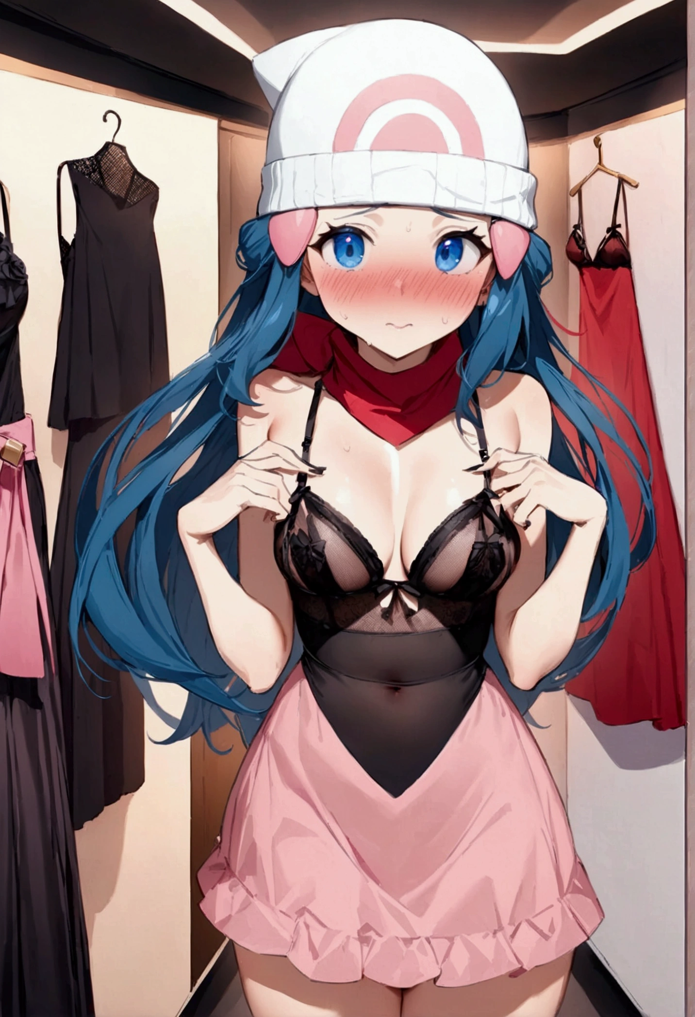 NSFW,masterpiece,Highest quality,High resolution,Super detailed,dawn_\(pokemon\),blue eyes, Blue Hair, Long Hair, Side Lock, Hair Clip, Beanie, Black Dress, No sleeve, Pink Skirt, scarf,Embarrassed,blush,Luxury lingerie shop,(High quality lingerie store),Luxury stores
