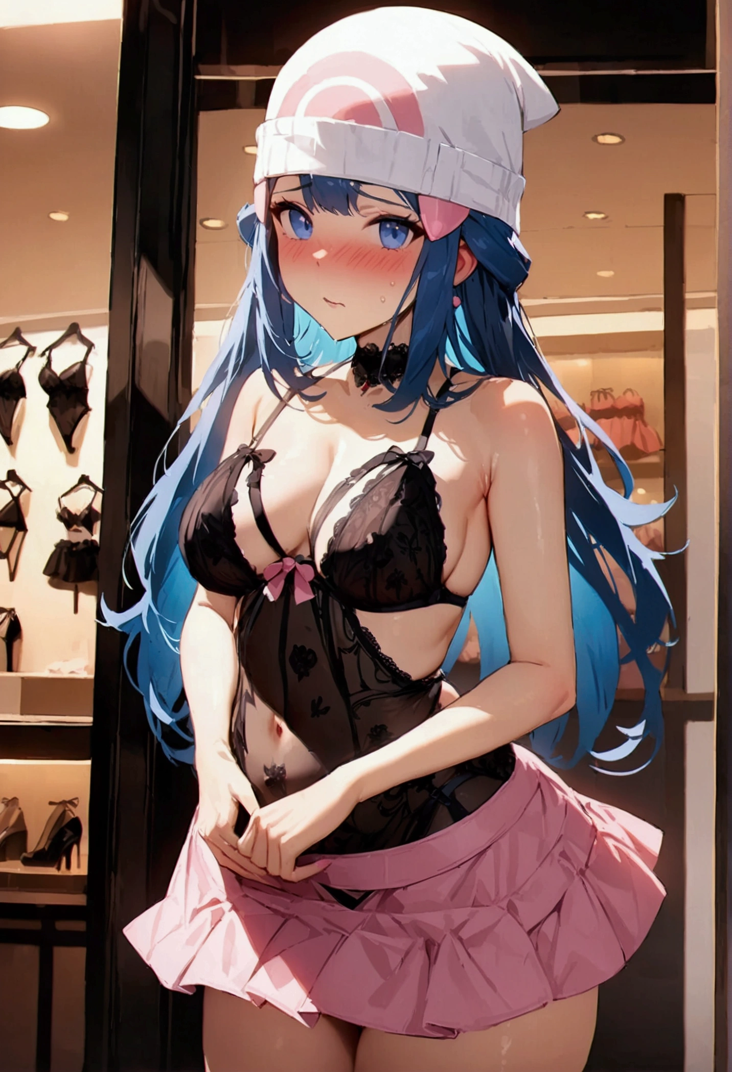 NSFW,masterpiece,Highest quality,High resolution,Super detailed,dawn_\(pokemon\),blue eyes, Blue Hair, Long Hair, Side Lock, Hair Clip, Beanie, Black Dress, No sleeve, Pink Skirt, scarf,Embarrassed,blush,Luxury lingerie shop,(High quality lingerie store),Luxury stores