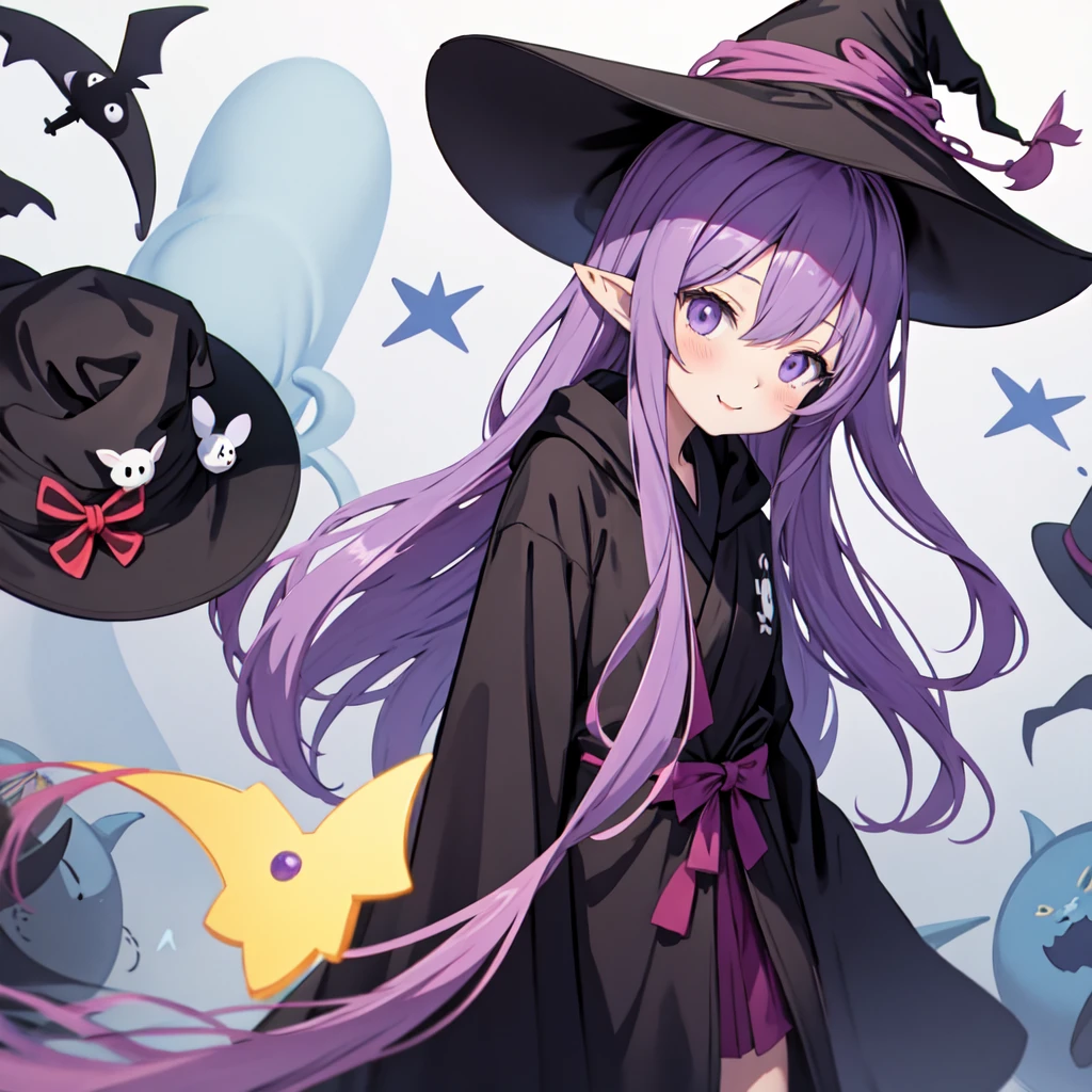 Anime girl. Long purple hair and wearing a black robe. Pointy ears. Witch hat. Cute cartoon. Illustration, deformation
