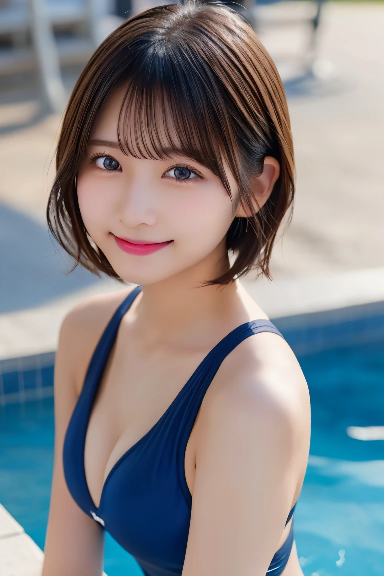 Highest quality、(beautiful)、Super delicate eyes、Brown eyes、22-year-old female、、smile、looking at the camera、Semi-short hair、Gal、VSwimsuit、Shoot from above