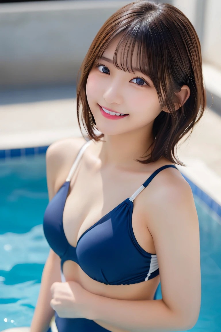 Highest quality、（beautiful）、Super delicate eyes、Brown eyes、22-year-old female、、smile、looking at the camera、Semi-short hair、Gal、ＶSwimsuit、Shoot from above