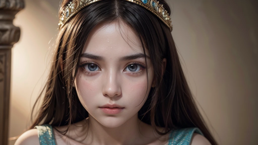 Create the image of the face of a princess of ancient Persia, with a thoughtful facial expression, with watery eyes. Focus only on the face. I want a high-definition, 8k image with no defects or blurs.