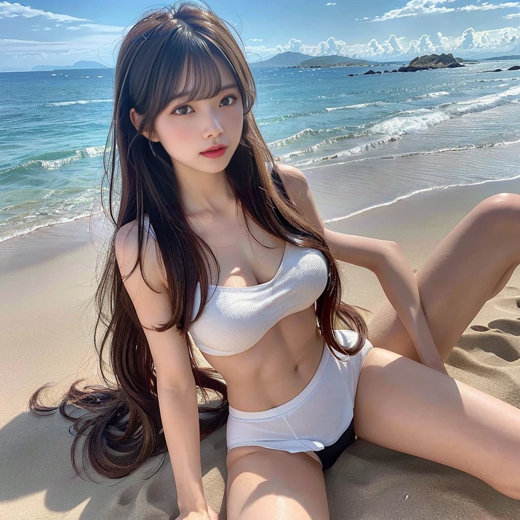 NSFL, Realistic, Very high resolution, (High Resolution: 1.5), ((Perfect Anatomy)), Anatomically Correct, (Perfect Body Female: 1.5), Soft Light, (One Woman), alone, (Detailed face), Long Hair, With bangs, Lying on the beach, View from below, Huge breasts, ((Spread your legs)),Showing panties, See panties, secretary_uniform, Black mini skirt, Open chest