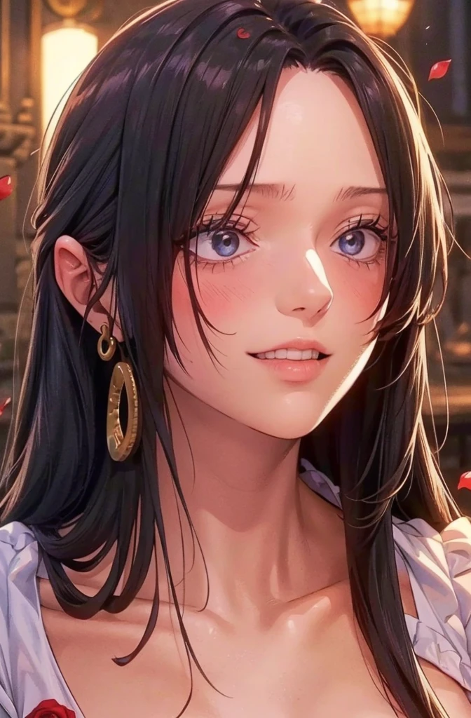 best quality, masterpiece, highly detailed,1girl, ((rose)), (vine), cage, bandage, red rope, (detail light), falling rose petals, Boa Hancock,, (masterpiece:1.5), Detailed Photo, Smiling,(8K, Photorealistic, Best Quality: 1.4), (1girl), Beautiful Face, (anime realistic Face), (Black Hair, long Hair: 1.3), Beautiful Hairstyle, Realistic eyes, beautiful detail eyes, (realistic skin), beautiful skin, (sweater), absurd, attractive, ultra high resolution, ultra realistic, high definition, golden ratio, backwards, looking back
