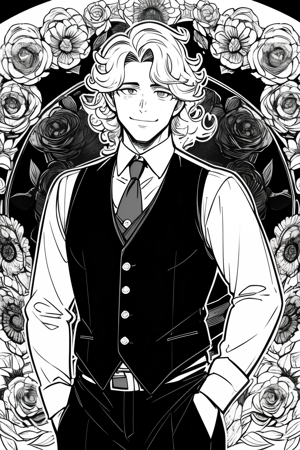 Adult man with shoulder-length curly hair, black waistcoat, big eyes and a big smile, open flower shirt, no tie, line drawing only. Comic style