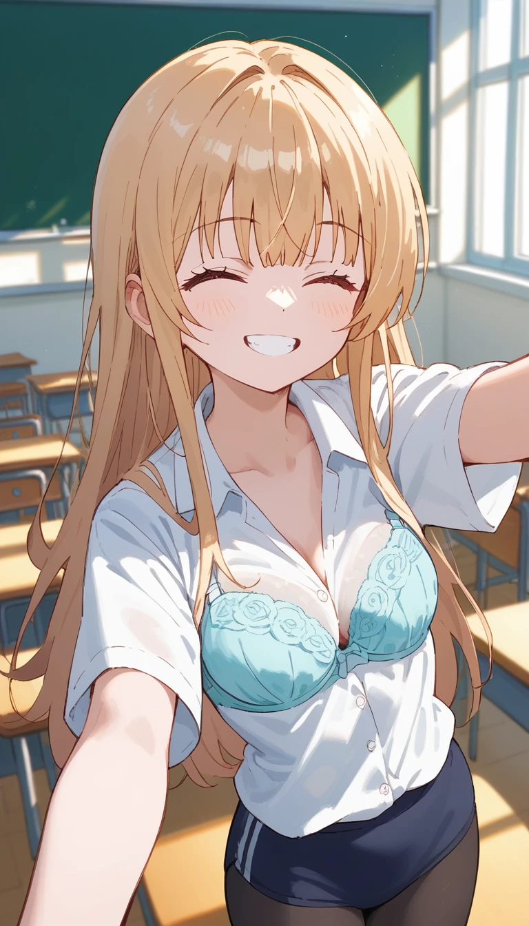 masterpiece,Ultra HD,score_4_onBREAK source_anime,可愛いanimeイラスト, masterpiece,high resolution,smile,alone,mahirushiina,One girl,Blonde,Long Hair,Mouth closed,Selfie pose,Show your underwear,Light blue bra,White shirt,black tights,School,classroom,nsfw,