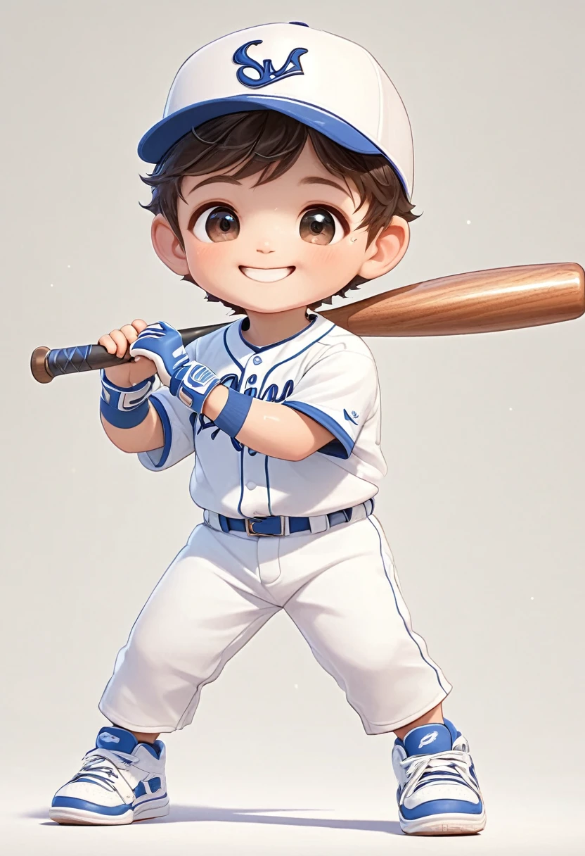   Very cute boy baseball player holding bat in hand baseball player white hat jersey sneakers very cute smiling looking at the audience

             ( perfect anatomy ) Beautiful and extremely fine texture，detailed, bright, Animation style high definition and high quality presentation