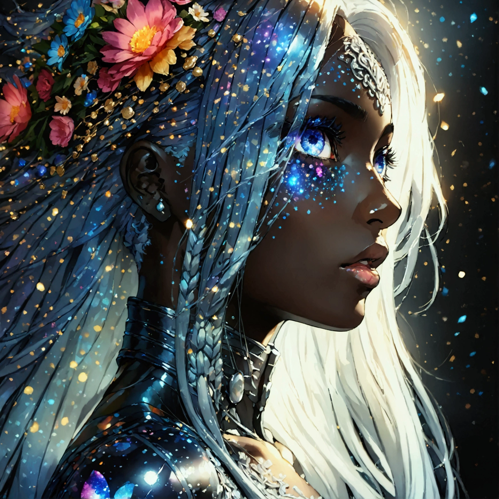 , a battle angel portrait, beautiful black skin with sparkles and glitter, long long hair, shiny and lightening eyes detailed skin, image is compelling with dynamic composition and energetic posing. Include many fantasy details such as bumps, phantasmal iridescence, glitter, galaxy, cosmos, ((dark celestialskin body, void cosmic body)), (((dark background))), (((lights off))), (((hollywood dark))), horror, dramatic shadows, (in a dark fantasy space:1.3, glitter, sparkle, gleam) vector digital illustration, (black background:1.5)sharp