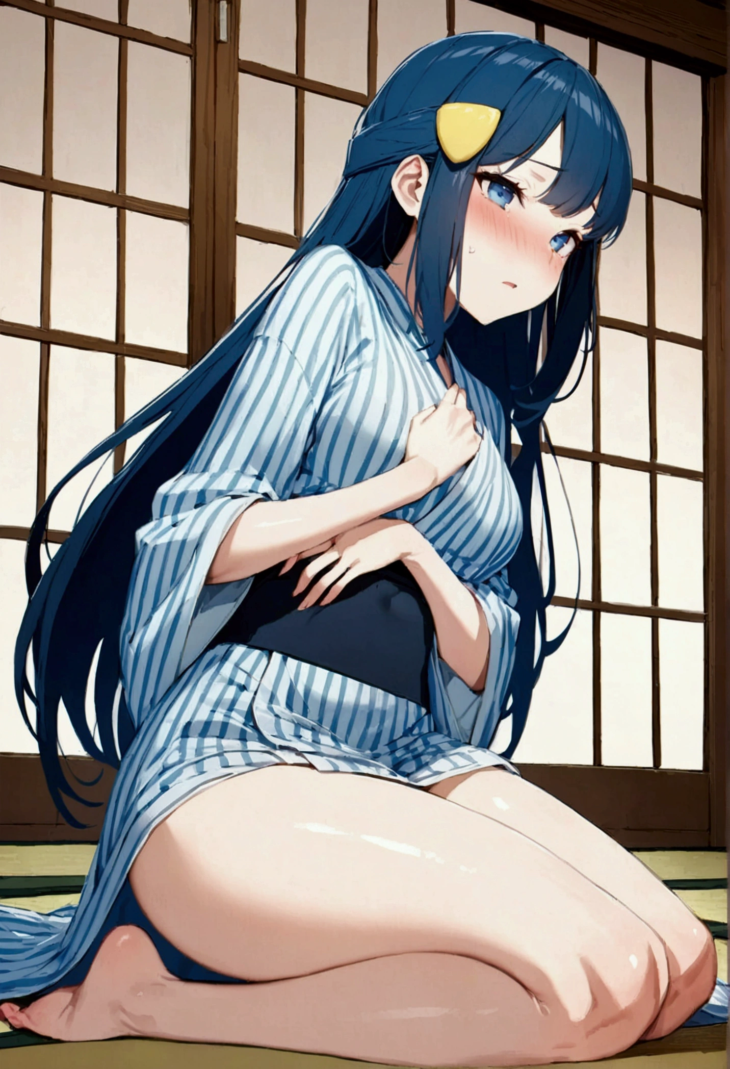 redraw, 1girl, long black hair, medium breasts, blue eyes, thighs, white kimono, laying down, ass, happy, masterpiece, ultra-detailed