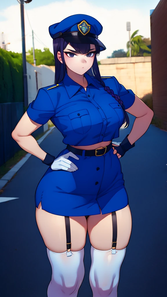 a cartoon character in a sexy suit posing on the street with a bush, police officer, police uniform, 1 girl, police woman, shirt, skirt, hat, tie, police cap, blue eyes, gloves, breasts, purple hair very dark, thighs, solo, navel, garter straps, looking at viewer, short sleeves, large breasts, underwear, miniskirt, midriff, ass visible through thighs, panties, outdoors, indentation, braid, hand in hand hip, belt, black skirt, uniform, collared shirt, frown, thigh highs, peaked cap, crop top, black panties, blue shirt, chest pocket, V-shaped eyebrows, Eiko Tsukimi, blue eyes, purple hair very dark baseball cap