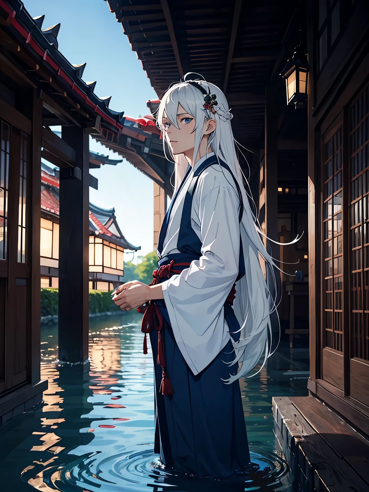 Roter Kimono. Rote Blumen. Japanisches Tor. Tori. Blue wolf. Kimono. . More anime. light blue light. Bright bright light. male. Long hair. long white hair. aquatic, boy, God of the Moon, silver hair accessories, White hair. 