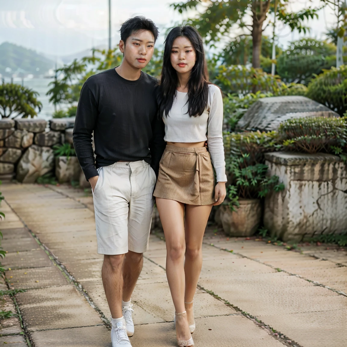 (best quality, masterpiece), (full body view), (a couple), (Burmese girl and a boy black hair), (pretty lady MoonLay), (short lady), (long sleeve shirt tug insided waist high mini skirt and high heel), (asian man), (1man), (tall man), (shirt and trouser and business shoe), romantic pose, tight, particle, wind, flower, upper body, simple background, looking at viewer,